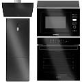 Modern Sleek Black Kitchen Appliances Featuring Refrigerator Microwave And Oven