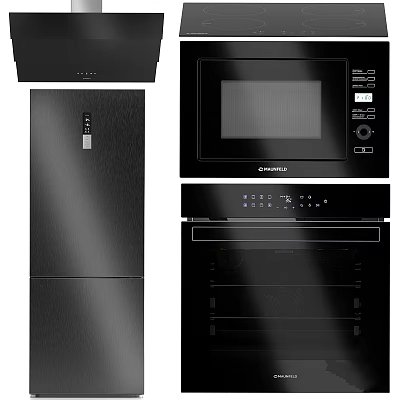 Modern Sleek Black Kitchen Appliances Featuring Refrigerator Microwave And Oven 3d model