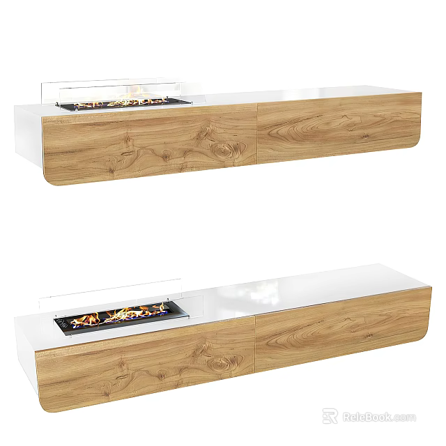 Modern Floating Fireplace With Wooden Cabinet And White Glass Panel And Realistic Flame Effect 3d model 