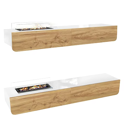 Modern Floating Fireplace With Wooden Cabinet And White Glass Panel And Realistic Flame Effect 3d model