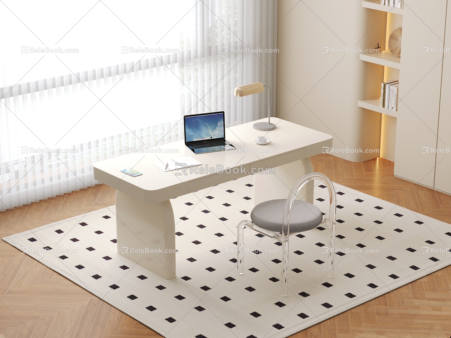 Cream style study furniture desk milk white computer desk with complete lighting 3d model