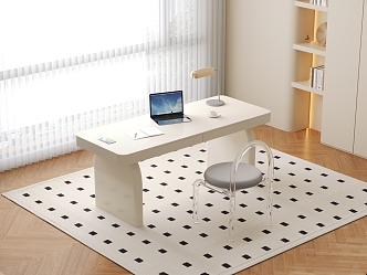 Cream style study furniture desk milk white computer desk with complete lighting 3d model