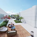 Roof Garden Design With Lush Green Plants Stone Paving And Relaxation Area