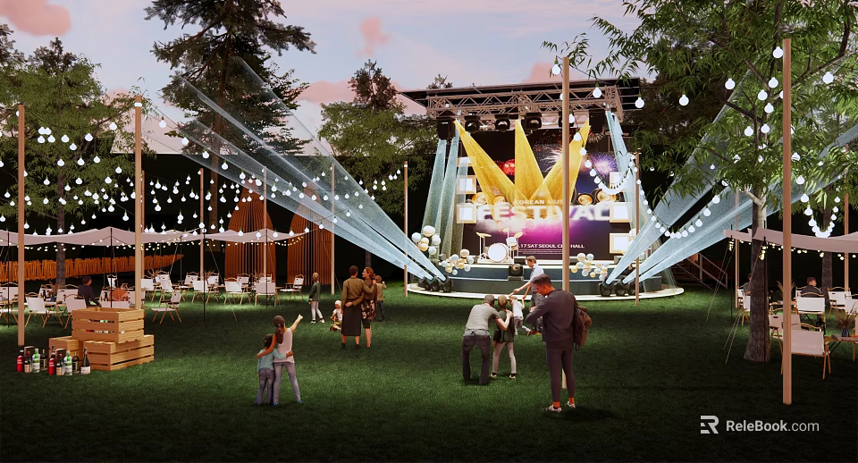 Campsite With Stage String Lights And People Enjoying Evening Music Event On Grass 3d model 