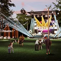 Campsite With Stage String Lights And People Enjoying Evening Music Event On Grass