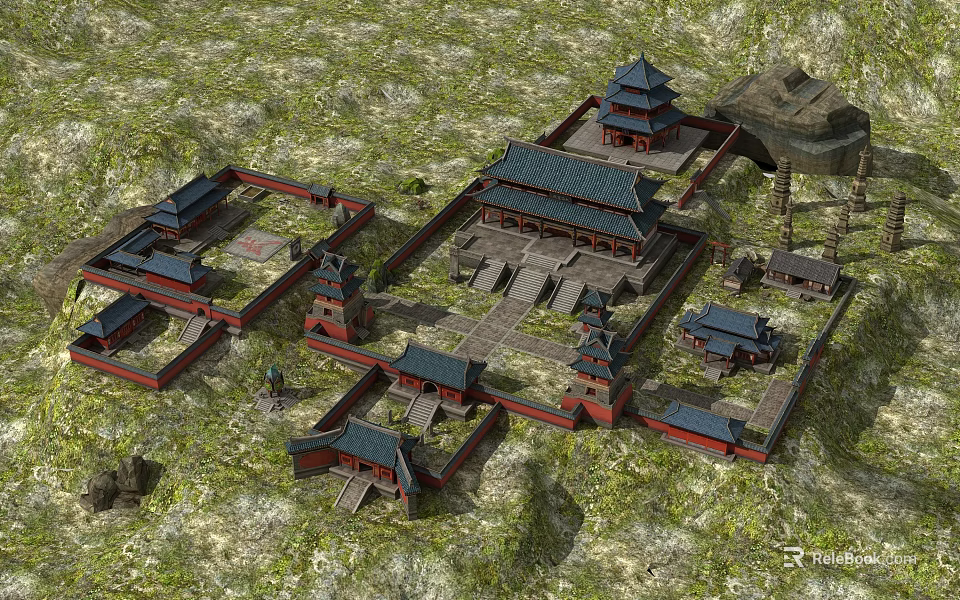 Ancient Chinese Architecture Complex With Red Walls Pagoda Towers And Courtyard Layout 3d model 
