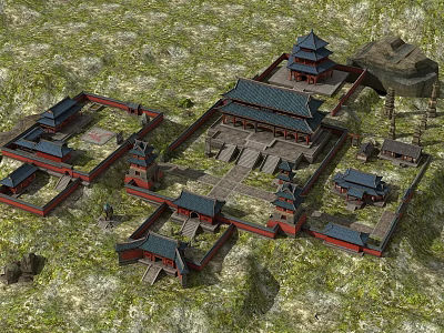 Ancient Chinese Architecture Complex With Red Walls Pagoda Towers And Courtyard Layout 3d model