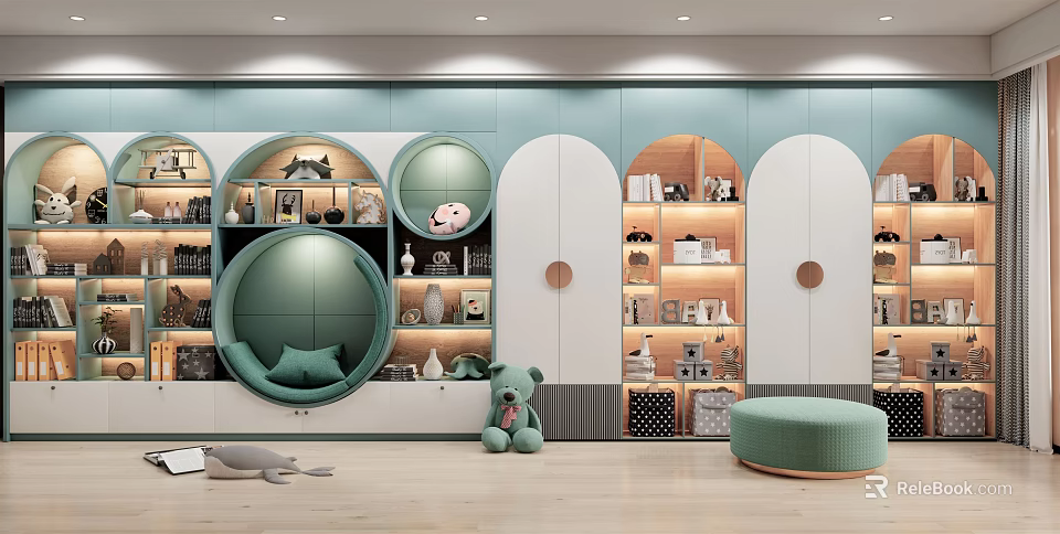Modern Decorative Cabinet With Round Arch Design Open Shelves Light Green Plush Toy Round Stool 3d model 