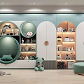 Modern Decorative Cabinet With Round Arch Design Open Shelves Light Green Plush Toy Round Stool