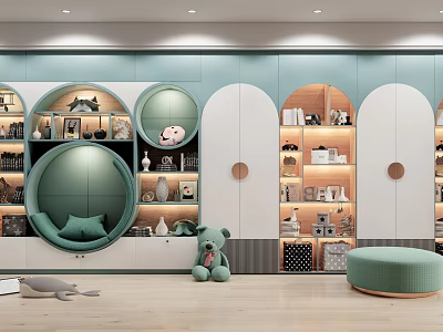 Modern Decorative Cabinet With Round Arch Design Open Shelves Light Green Plush Toy Round Stool 3d model
