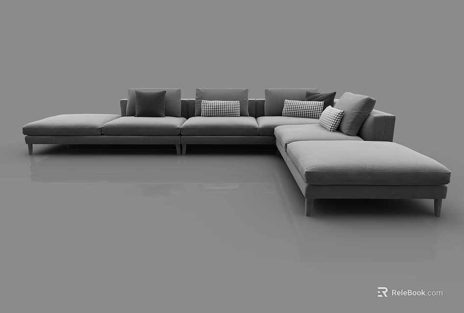 Modern Gray Sectional Sofa with Multiple Plaid and Solid Cushions for Spacious Living Room Seating 3d model