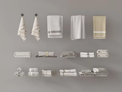 Various Soft White Beige Towels Hanging On Hooks And Folded Neatly 3d model