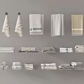 Various Soft White Beige Towels Hanging On Hooks And Folded Neatly 3d model