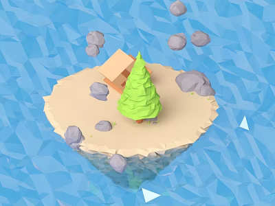 Cartoon Low Poly Island Scene With Small House Green Tree And Stones In Blue Water 3d model