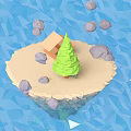 Cartoon Low Poly Island Scene With Small House Green Tree And Stones In Blue Water