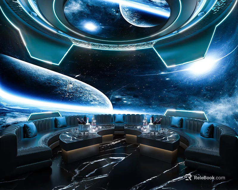 Space Themed KTV Lounge With Blue Lighting Circular Sofas And Starry Sky Backdrop 3d model