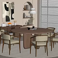 Round Wooden Dining Table Set With Six Beige Cushioned Chairs On Rug And Pendant Light