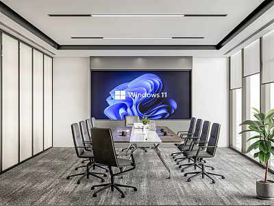 Modern Conference Room Interior With Windows 11 Display Screen Meeting Table And Chairs 3d model