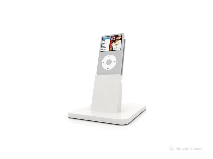 White iPod Portable Digital Media Player on Stand with Screen Displaying Content 3d model 