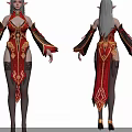Woman With Silver Gray Long Hair In Red Outfit With Golden Decorations And High Heels