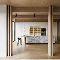 Modern Natural Living Dining Room Interior With Wooden Beams Marble Countertop And Open Layout