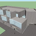 Modern Office Building with Glass Curtain Walls Gray Exterior and People at Entrance