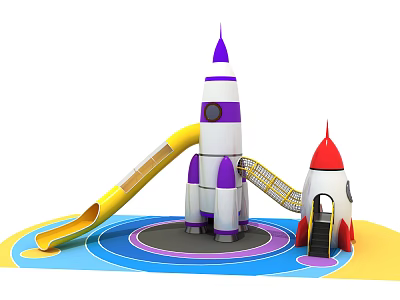 Rocket Shaped Playground Equipment With Yellow Slide Climbing Net And Colorful Ground 3d model