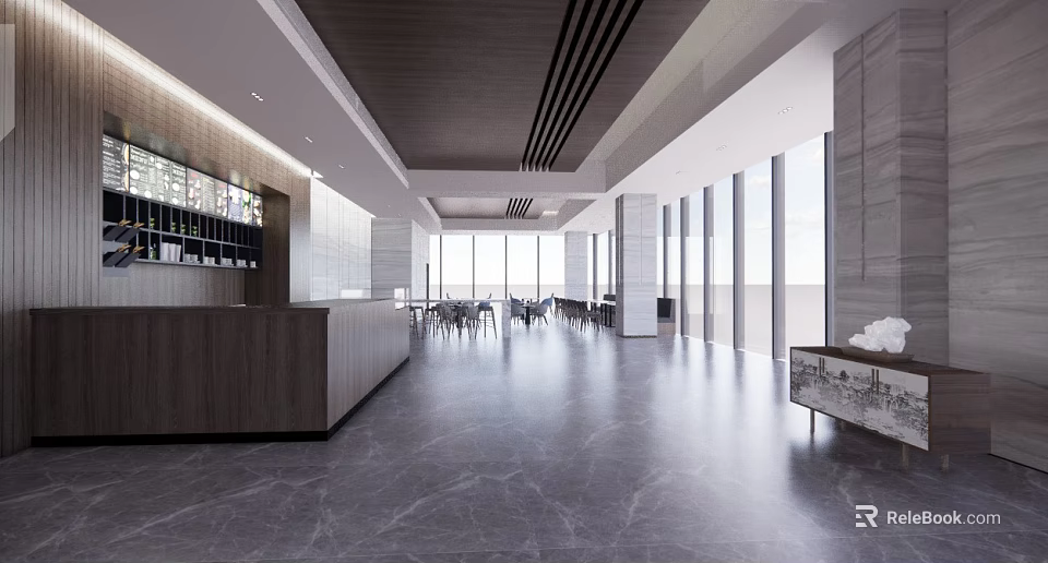 Modern Café Interior With Spacious Layout Marble Flooring Large Windows Bar Counter And Dining Seats 3d model 