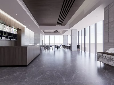 Modern Café Interior With Spacious Layout Marble Flooring Large Windows Bar Counter And Dining Seats 3d model