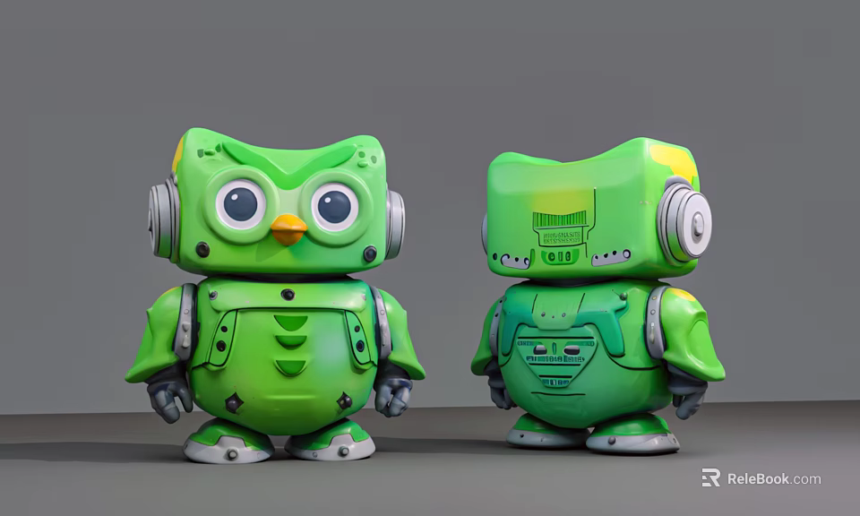Pair of Green Smart Machines With Cartoon Style Big Eyes And Headphone Ears 3d model 
