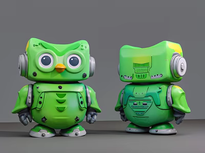 Pair of Green Smart Machines With Cartoon Style Big Eyes And Headphone Ears 3d model