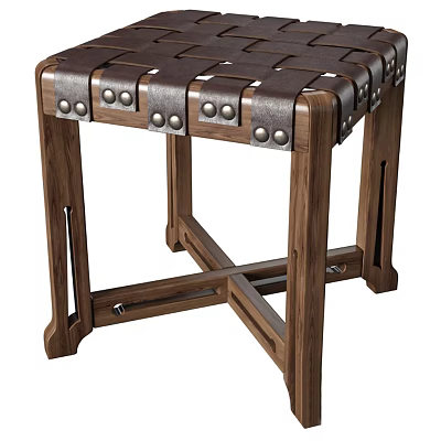 Wooden Stool With Leather Straps And Metal Rivets Cross Leg Design For Industrial Look 3d model