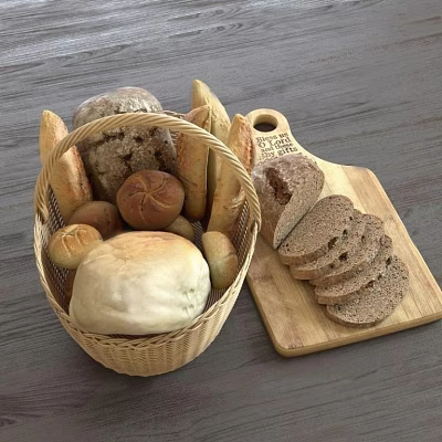 Assorted Breads in Wicker Basket with Rolls Loaves and Sliced Rye on Wooden Cutting Board 3d model