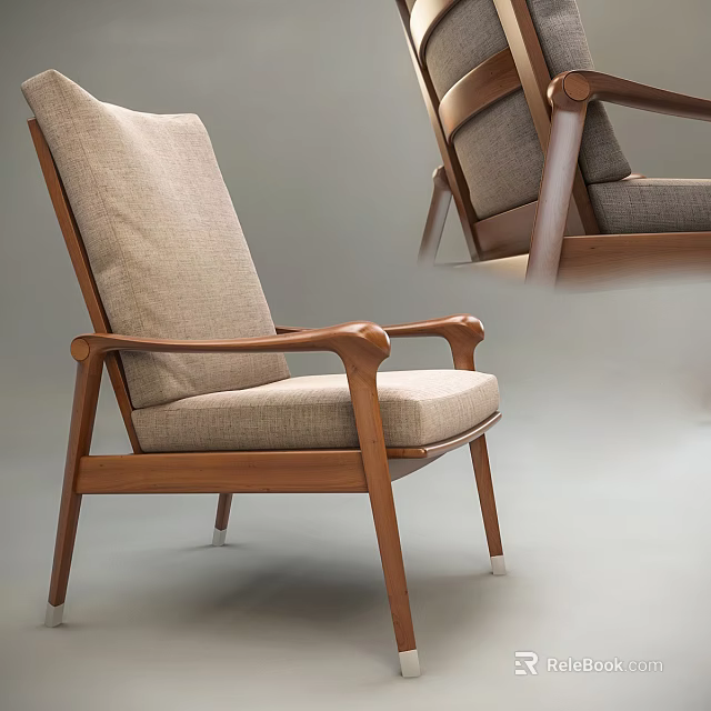 Modern Minimalist Armchair With Wooden Frame And Beige Linen Fabric For Living Room 3d model 