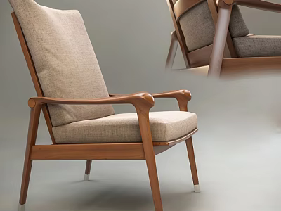 Modern Minimalist Armchair With Wooden Frame And Beige Linen Fabric For Living Room 3d model
