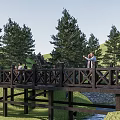 Park Landscape with Wooden Bridge Person Sitting on Bench Green Trees and Purple Flowers