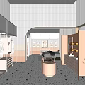 Modern Clothing Store Interior With White Clothes Hanging Racks And Circular Display Table