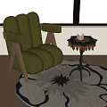Green Upholstered Lounge Chair With Wooden Legs And Side Table On Round Floral Rug