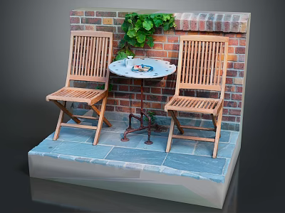 Outdoor Wooden Table with Two Chairs and Green Vines Against Brick Wall Slate Floor 3d model