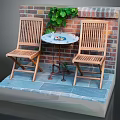 Outdoor Wooden Table with Two Chairs and Green Vines Against Brick Wall Slate Floor