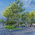 Outdoor Leisure Path with Trees Grass People Sitting on Benches Pedestrians and Strollers