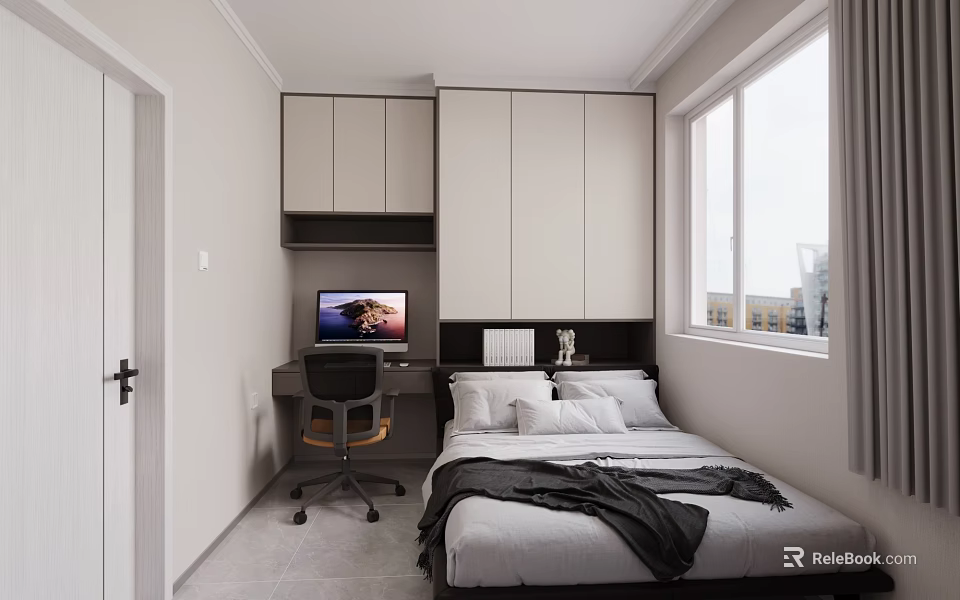 Modern Minimalist Tatami Bedroom With Cozy Bed Built In Cabinets Desk Computer And Window 3d model 