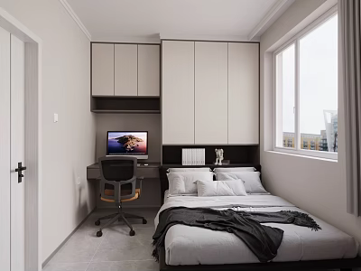 Modern Minimalist Tatami Bedroom With Cozy Bed Built In Cabinets Desk Computer And Window 3d model