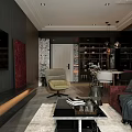Elegant Modern Living Dining Room Interior With Red Sofa Dining Table And Decorative Painting