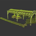 Vintage Covered Railway Station Platform With Striped Canopy Rail Tracks And Wooden Log Carts
