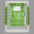 Outdoor Event Space Layout With Green Lawn Arranged Seats Palm Trees And Large Screen
