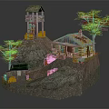 Cartoon Style Rocky Mountain Scene With Cabin Watchtower Trees And Solar Panels
