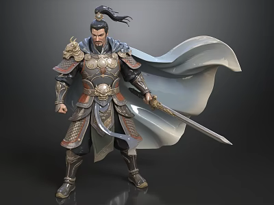 Ancient Warrior Man In Traditional Ornate Armor With Flowing Cloak And Sword 3d model