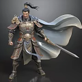Ancient Warrior Man In Traditional Ornate Armor With Flowing Cloak And Sword