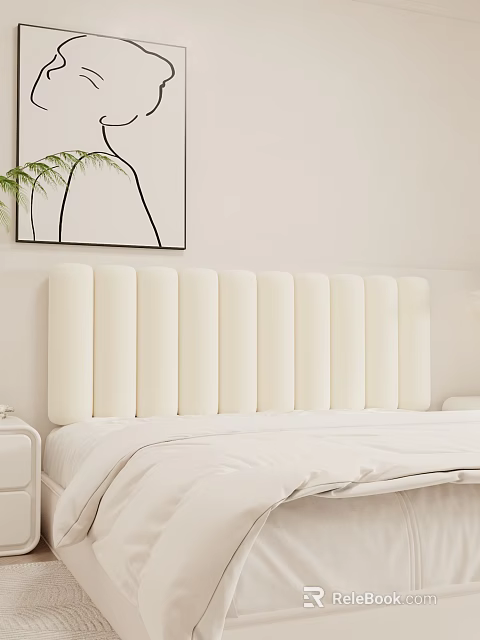 Modern Design Double Bed with Beige Vertical Panel Upholstered Headboard Abstract Painting Green Plant Decor 3d model 